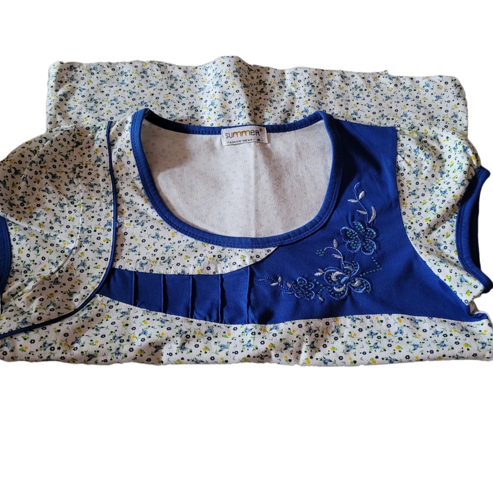 Summer Fashion Wear Girls 2 Piece Pajama Set Medium White Blue Floral Pockets